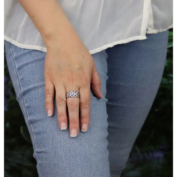 14k White Gold Blue Enamel Textured Diamond Pattern Dome Ring Size 8 1/4 - Picture 4 of 6